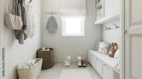 A cozy and stylish entryway with a bench, storage baskets, and a window.