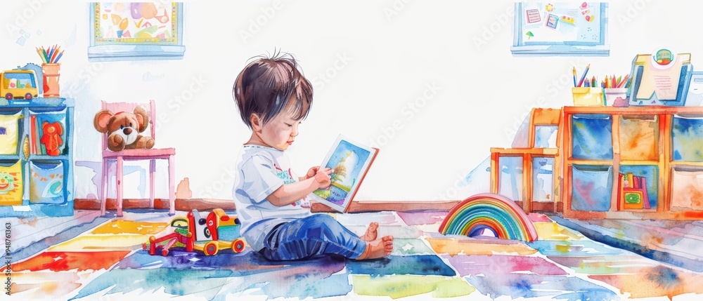 A young child engages with a colorful book in a vibrant playroom filled with toys and a rainbow mat, promoting creativity and learning. A young child engages with a colorful book in a vibrant playroom filled with toys and a rainbow mat, promoting creativity and learning.