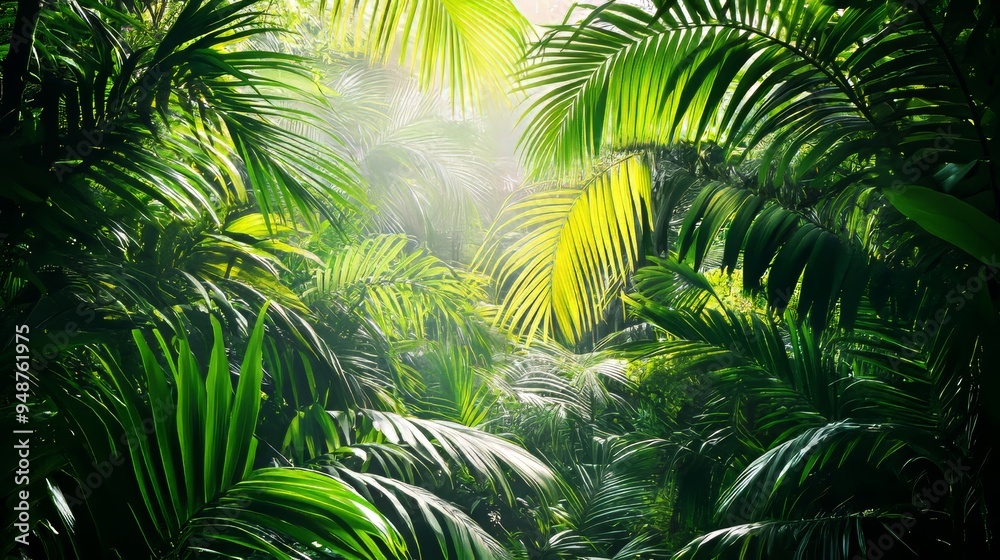 Obraz premium Lush tropical forest scene with vibrant green nature leaves, evoking a tranquil natural setting.