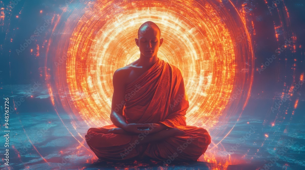 A serene monk meditating with an ethereal glowing halo, symbolizing inner peace and spiritual enlightenment in a mystical setting. A serene monk meditating with an ethereal glowing halo, symbolizing inner peace and spiritual enlightenment in a mystical setting.