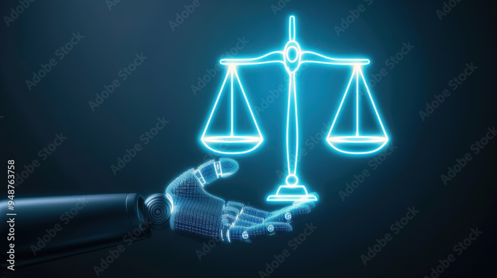 Robotic hand balancing holographic scales, representing modern technology in justice and legal systems, futuristic legal concepts. Robotic hand balancing holographic scales, representing modern technology in justice and legal systems, futuristic legal concepts.