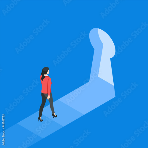 isometric vector business woman walking towards the keyhole, in color on a blue background, mystery or discovery of something new