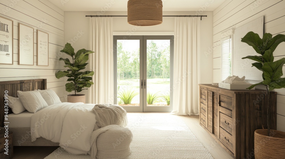 Fototapeta premium A bright bedroom with a wooden bed and dresser, large windows with white curtains and a rug.