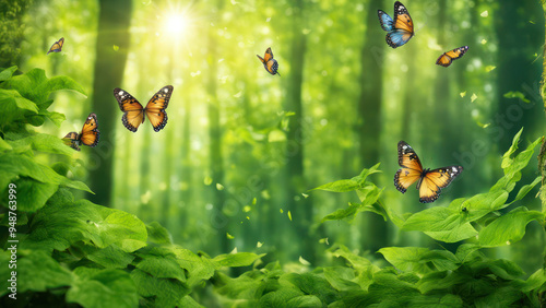 Illustration of Butterflies flying and dancing in a Green Paradise of a green forest