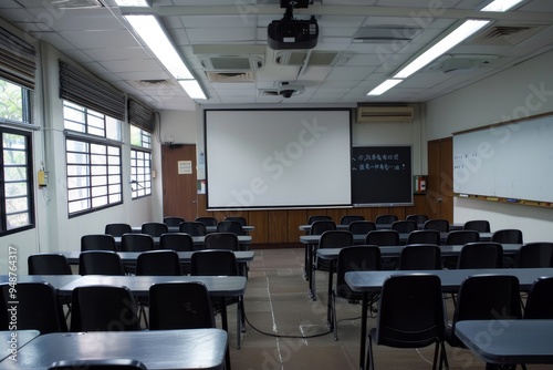 A classroom with a projector screen for multimedia presentations