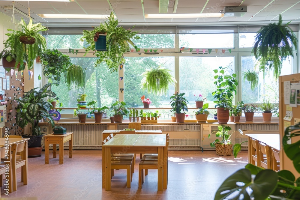 A classroom with plants and greenery to create a calming atmosphere A classroom with plants and greenery to create a calming atmosphere