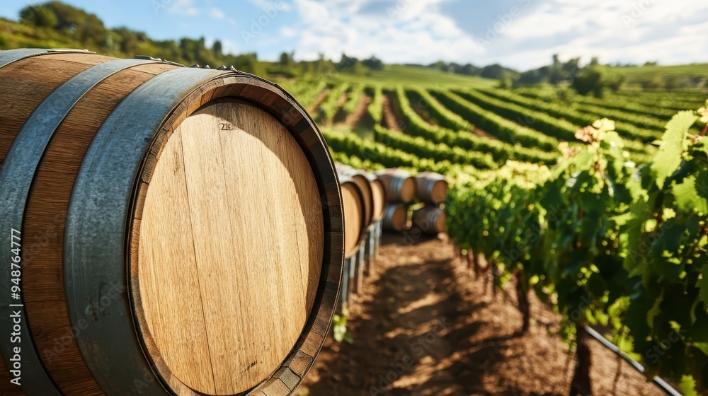 Scenic vineyard with rows of grapevines and wooden wine barrels under a bright sky, showcasing a beautiful wine growing landscape. Scenic vineyard with rows of grapevines and wooden wine barrels under a bright sky, showcasing a beautiful wine growing landscape.