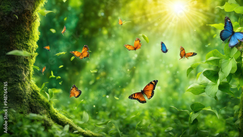 Illustration of Butterflies flying and dancing in a Green Paradise of a green forest