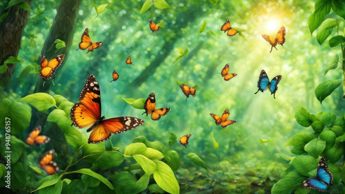 Illustration of Butterflies flying and dancing in a Green Paradise of a green forest