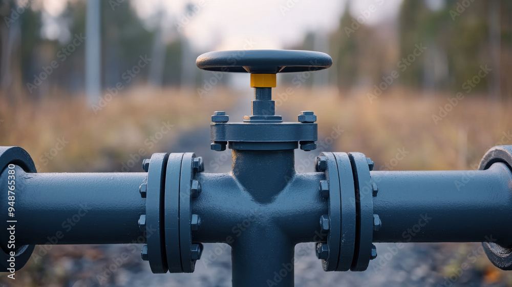 Close-up of a black industrial valve on a pipeline, surrounded by nature, highlighting engineering and infrastructure. Close-up of a black industrial valve on a pipeline, surrounded by nature, highlighting engineering and infrastructure.