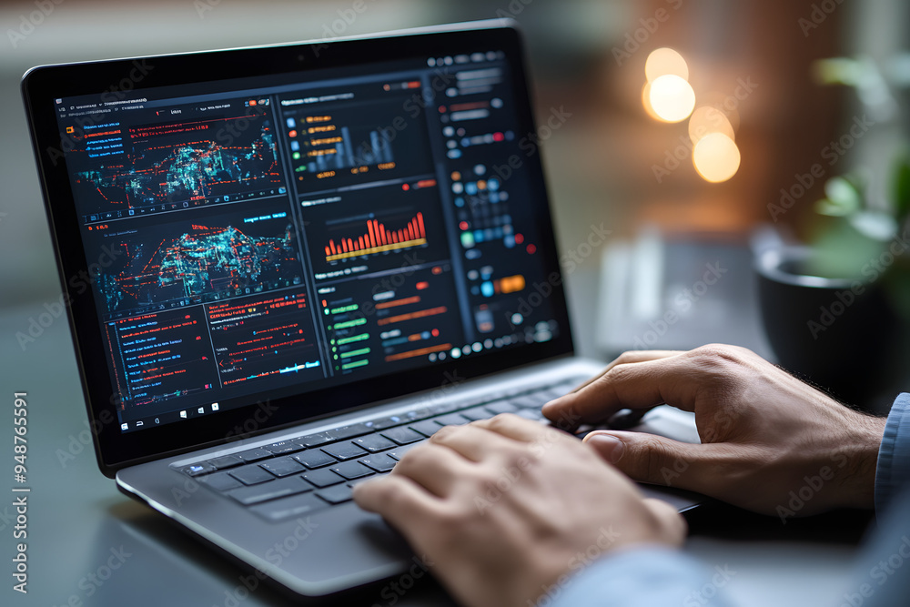 Man working on a computer and monitor shows the data on the screen, screen showing charts and diagrams Man working on a computer and monitor shows the data on the screen, screen showing charts and diagrams