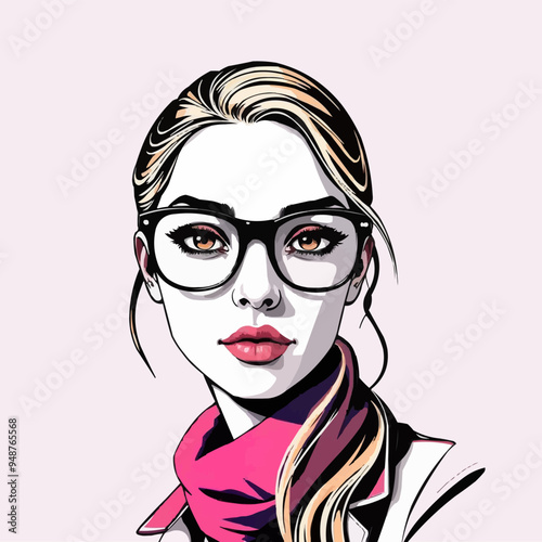 Graphic illustration of a girl with stylized eyeglasses. cartoon face fashionable cute girl face digital artwork.