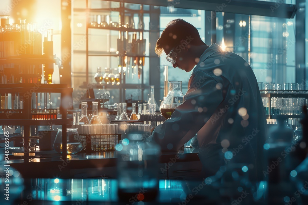 Scientist in a laboratory conducts experiments using glassware amidst a bright and modern research environment. Scientist in a laboratory conducts experiments using glassware amidst a bright and modern research environment.