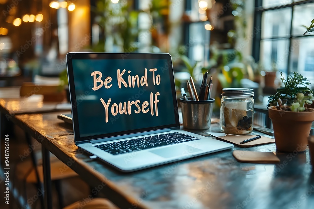 Motivational message Be Kind To Yourself on laptop screen. Motivational message Be Kind To Yourself on laptop screen.