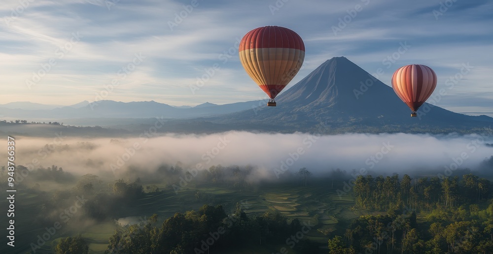 Naklejka premium Photo of two hot air balloons flying over Mount Flora, an Indonesian volcano landscape with foggy mountains in the background Generative AI
