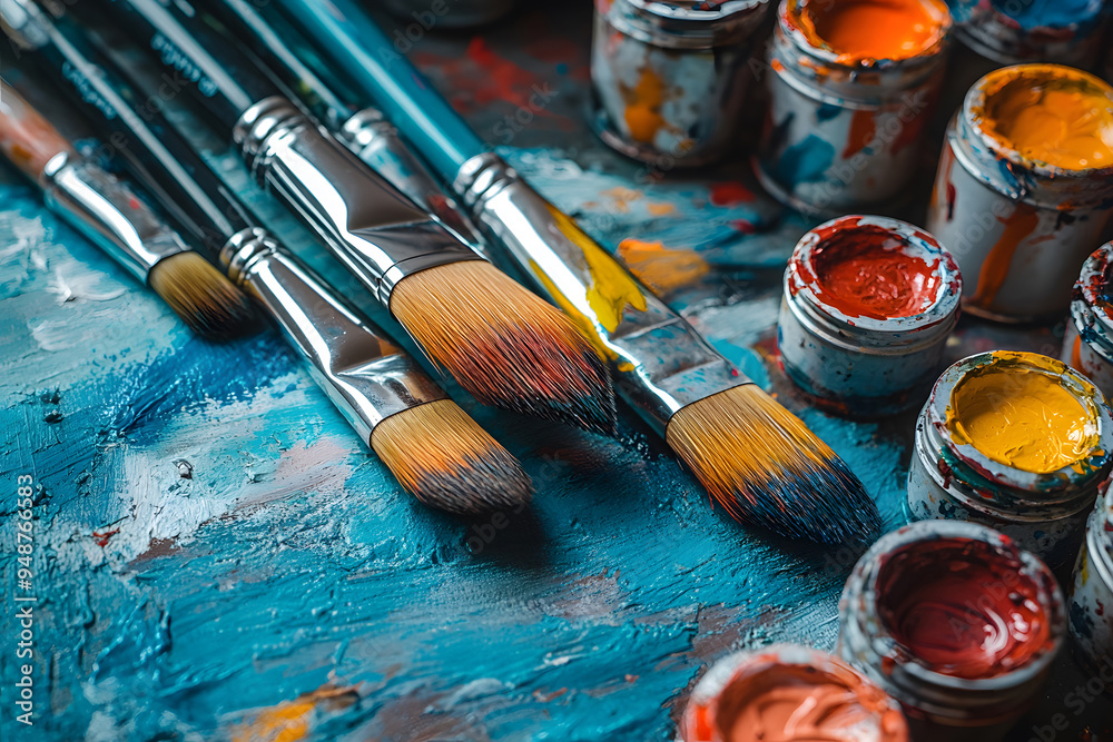 Obraz premium Artist Workspace Filled With Brushes, Paint, and a Canvas With a Work in Progress