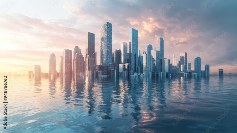 Fototapeta premium A stunning cityscape with futuristic skyscrapers reflecting off calm water at sunset, encapsulating modern architecture and tranquil urban scenery.