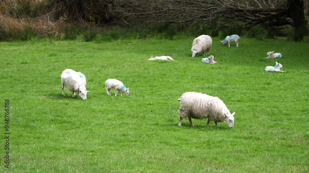 A green field of sheep and lambs in Ireland. A green field of sheep and lambs in Ireland.