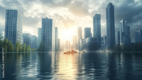 Wallpaper Mural A stunning sunset illuminates a modern cityscape with tall skyscrapers, reflected in a calm body of water, creating a serene urban scene. Torontodigital.ca