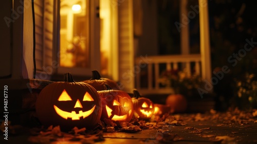 Glowing jack-o'-lanterns in...