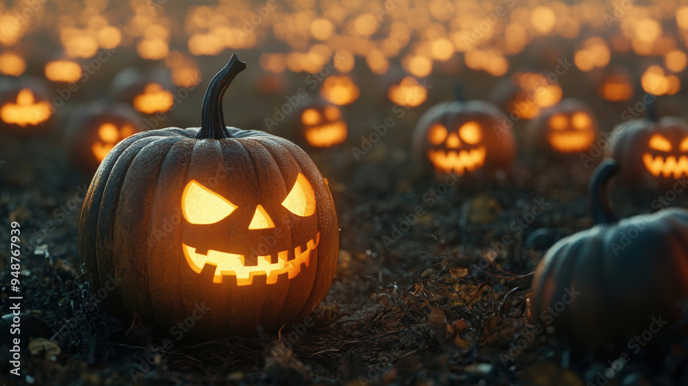 Fototapeta premium Glowing jack-o'-lanterns in a pumpkin patch during Halloween night