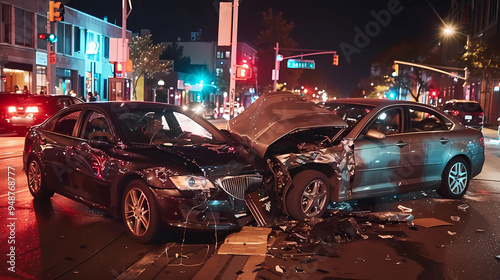  broken car, accident, two cars collided at an expensive accident at night  photo