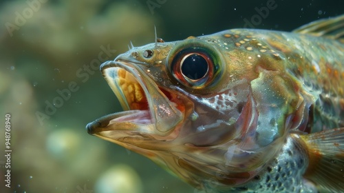 Close-up of a fish with its mouth open, showcasing its intricate anatomy.