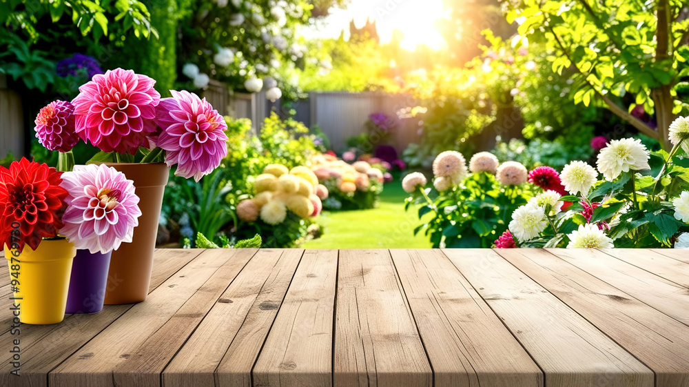 Empty wooden table on the background of flowers Empty wooden table on the background of flowers