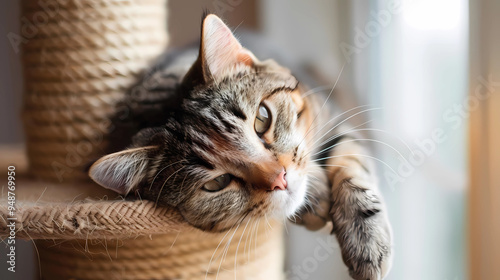 Cute gray kitten sleeping resting near the scratching post