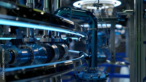 Closeup of a futuristic industrial conveyor belt with blue lighting.