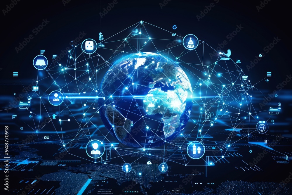 Obraz premium Global network connection concept with earth and internet symbols