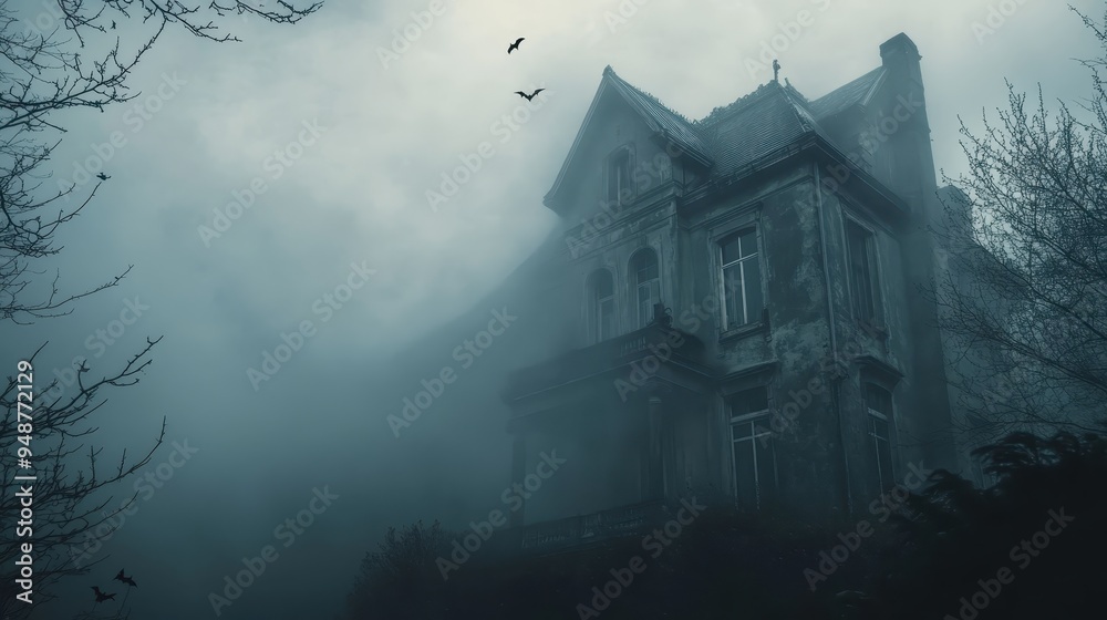 Spooky misty mansion with eerie atmosphere, dark clouds, bare trees, and birds flying above. Perfect for Halloween and horror themes. Spooky misty mansion with eerie atmosphere, dark clouds, bare trees, and birds flying above. Perfect for Halloween and horror themes.