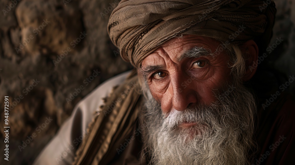 An old man with long beard wearing an ancient robe and turban, close up portrait.