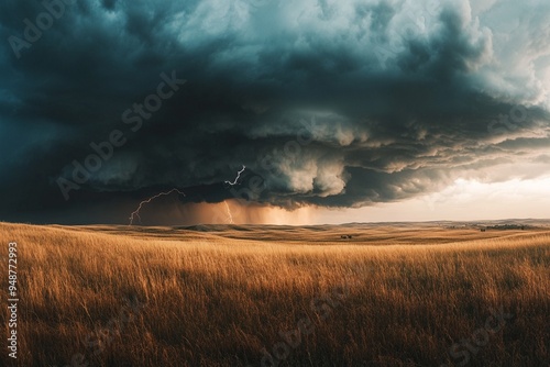 Majestic Thunderstorm Over Golden Prairie Landscape