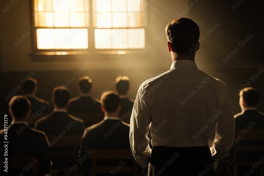 Educational process in a classroom with a young man reading a book. Educational process in a classroom with a young man reading a book.