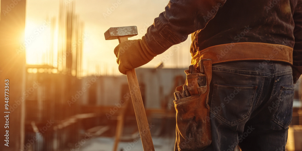 Fototapeta premium Close-up of a construction worker's gloved hand holding a hammer, with a tool belt visible in the background at a construction site. 