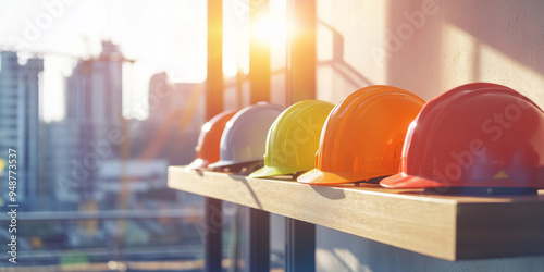 Brightly colored safety helmets lined up on a shelf at a construction site with a cityscape in the background.
 photo