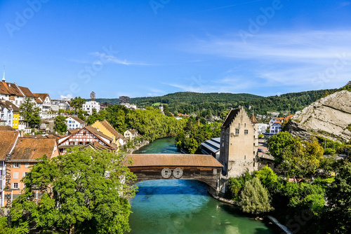 Stadt Baden, Altstadt, Holzbrücke, Limmat, Fluss, Landvogteischloss, Altstadthäuser, Stadtturm, Aargau, Sommer, Schweiz