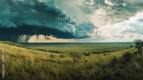 Majestic Storm Clouds Over Lush Savanna Landscape
