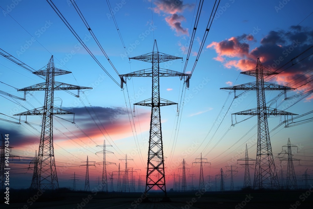 Fototapeta premium Electric transmission towers stretching across the horizon