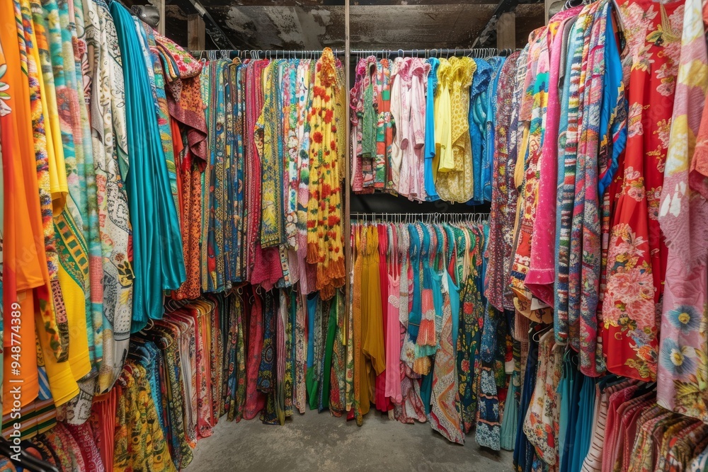 custom made wallpaper toronto digitalA well-organized closet showcasing a variety of colorful garments, creating a lively and inviting atmosphere, Explore the endless racks of colorful clothing and accessories. AI generated