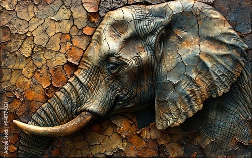 Elephant head sculpted in textured surface