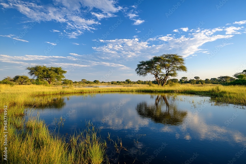 Serene African Landscape with Reflections in Water and Lush Greenery Serene African Landscape with Reflections in Water and Lush Greenery