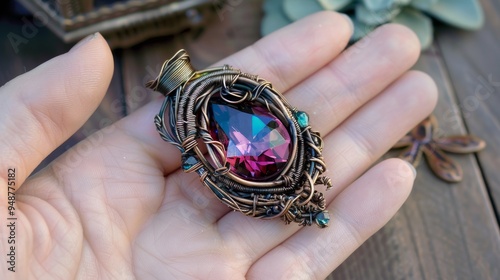 Close-up of a hand holding a beautiful handcrafted pendant with a large purple gemstone and intricate copper wire designs. photo