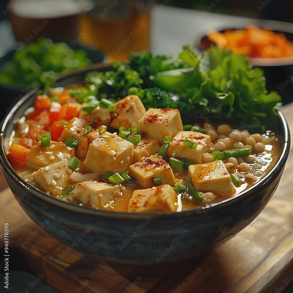 Close up of a bowl of tofu soup with vegetables and broth Close up of a bowl of tofu soup with vegetables and broth