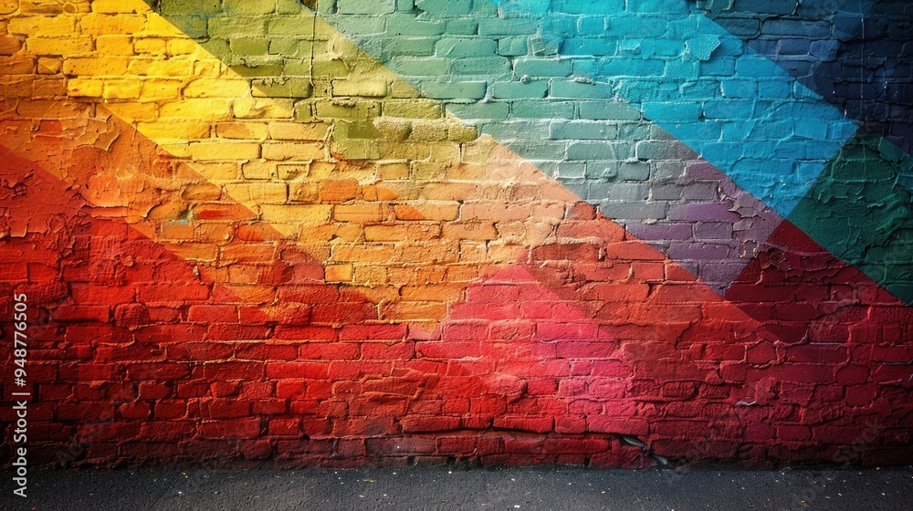Fototapeta premium Brick wall with diagonal stripes: yellow, orange, red, blue, green