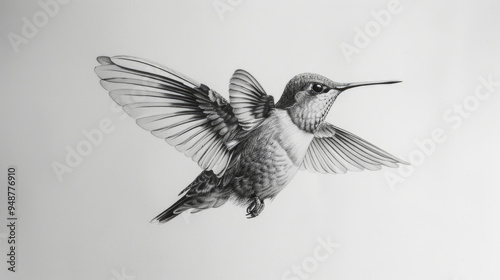 A detailed pencil drawing of a hummingbird in mid-flight, showcasing intricate wing patterns and textures against a light background photo