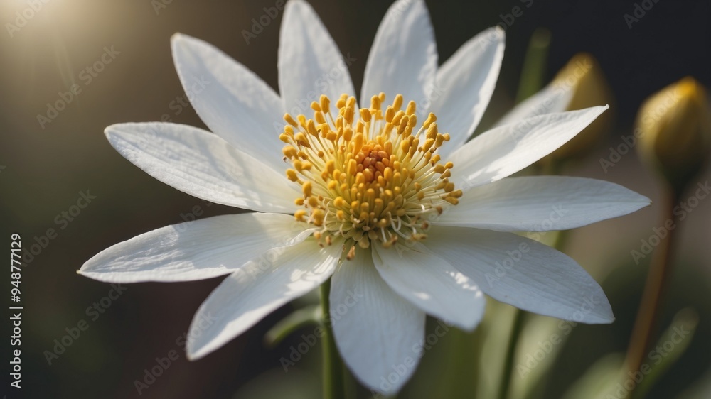 A tight shot of a white bloom featuring a yellow pistil and yellow anther at its core.