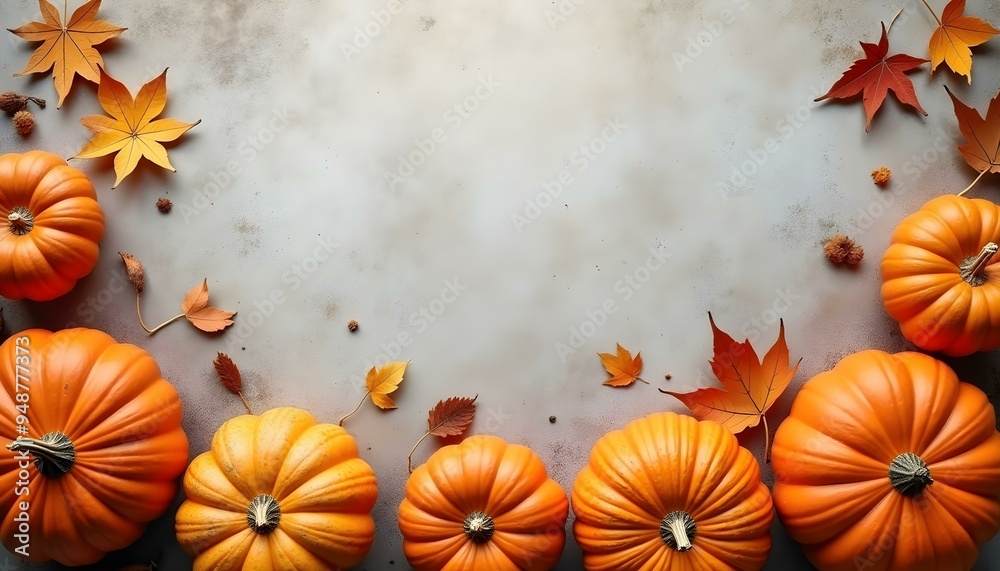Frame of pumpkins, leaves and cones on a concrete background Frame of pumpkins, leaves and cones on a concrete background