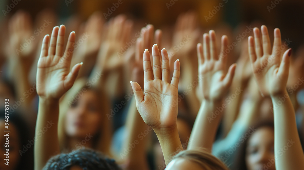 Public Participation: Citizens in a community meeting raising their hands to vote on local issues.